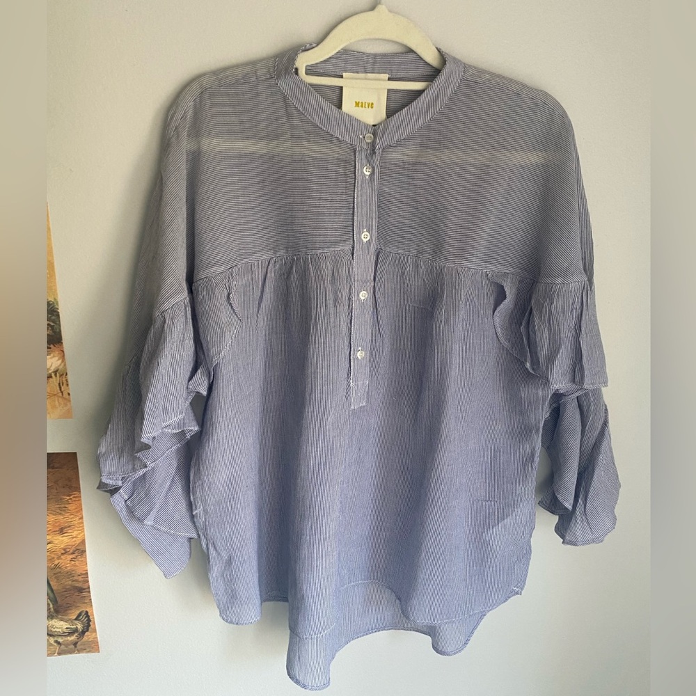 Maeve Striped Blue Button-Up Ruffles Shirt